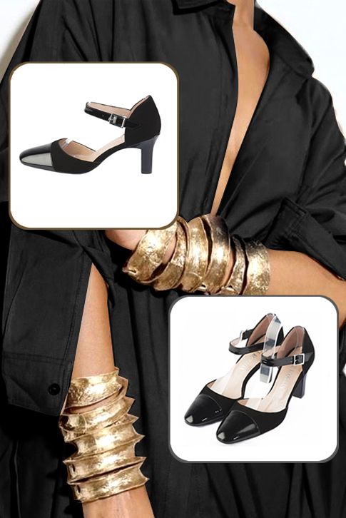 Women's gloss black and matt black elegant closed-back heels, with an instep strap. Round toe. High kitten heels - Worn view